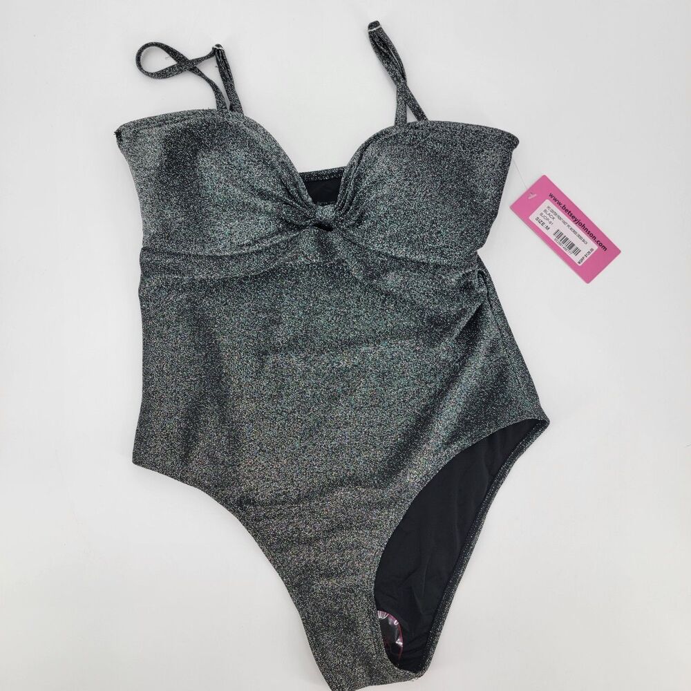 Betsey Johnson Black Metallic Center Front Knot One Piece Swimsuit. Size M